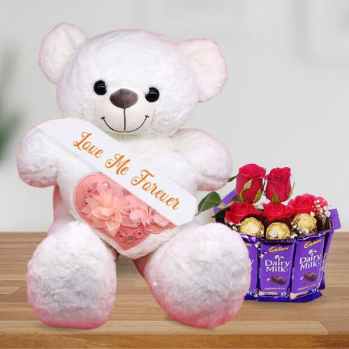 Love Me Forever Sash Printed White Teddy Bear with Chocolates and Roses Bouquet