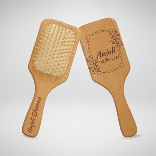 Name Engraved with Date of Birthday on Wooden Hair Brush