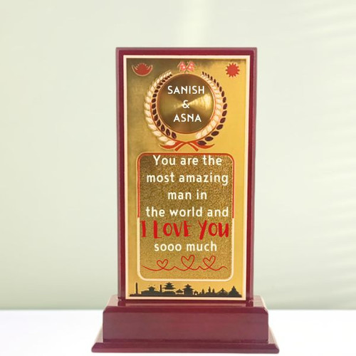 Love-Inspired Wooden Award with Golden Accents and Couple’s Name Engraved for Him