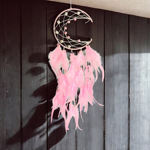 Half Moon Dreamcatcher with Net Design, Pearls, and Pink Feathers- 22 Inches