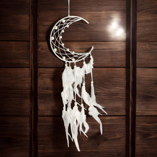 Half Moon Dreamcatcher with Net Design, Pearls, and White Feathers- 22 Inches