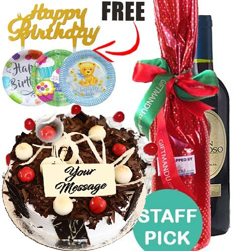Five Star Cake 1kg and 1xRed Wine Gift Bottle (Free Cake Topper + 10 Pcs Paper Plates)