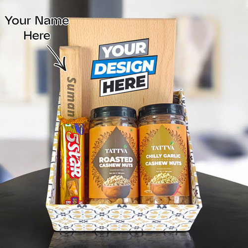 Tasteful Keepsakes: Roasted Cashews, Wooden Board & Pen Combo