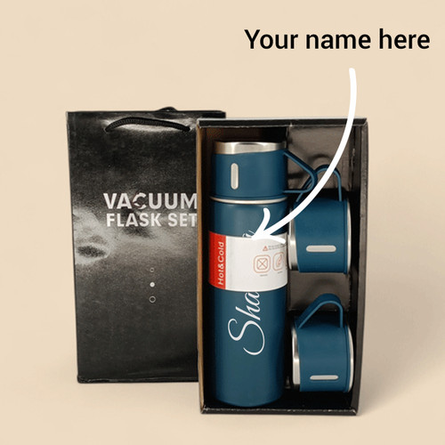 Custom Stainless Steel 500ml Vacuum Flask & Cup Set - Blue, Includes 3 Steel Cups