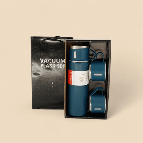 Stainless Steel 500ml Vacuum Flask & Cup Set - Blue, Includes 3 Steel Cups