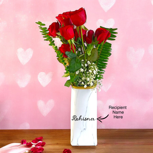 Elegance in Bloom: Ten Red Roses Vase with Custom Name