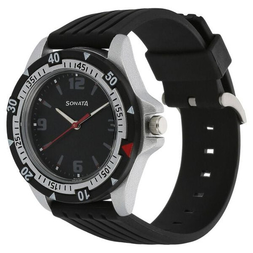 Sonata SF Quartz Analog Black Dial Plastic Strap Watch for Men