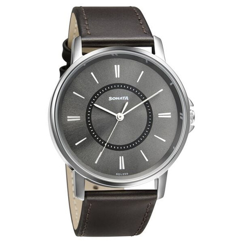 Sonata Quartz Analog Grey Dial Leather Strap Watch for Men - 77083SL06