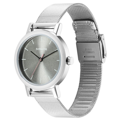 Sonata Essentials Grey Dial Stainless Steel Strap Watch for Women