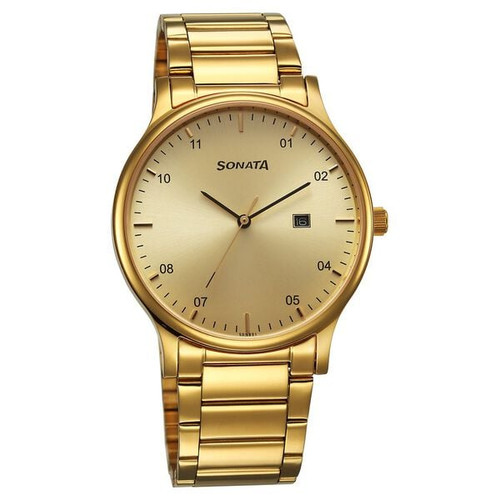 Sonata Quartz Analog with Date Champagne Dial Watch for Men - 77105YM03