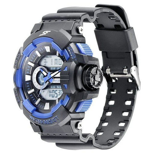 SF Quartz Analog Digital Black Dial PU Strap Watch for Men - 77118PP06