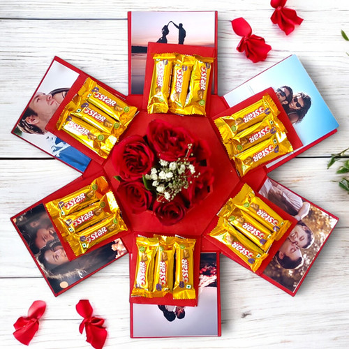 Elegant 3-Layered Gift Box: Chocolates, Roses & Personalized Photos