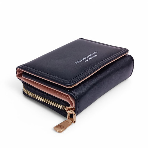 Black Tri-Fold Ladies Wallet With Zip Pocket