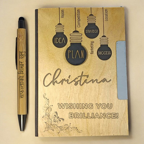 Personalized Wooden Notebook with your name Printed and Stylish Blue Pen