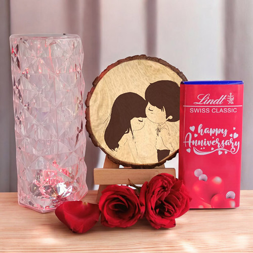 Anniversary Gift Set with Personalized Wooden Board & Crystal Table Lamp