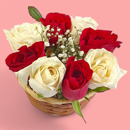 Classic Red and White Roses Arrangement in a Basket