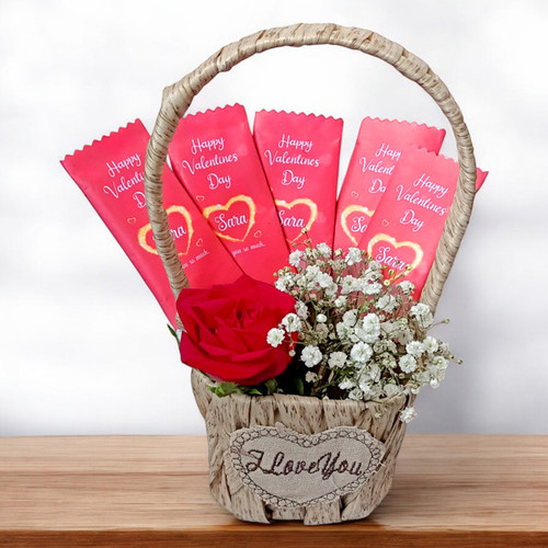 Personalized Valentine's Chocolates with Rose in a Basket
