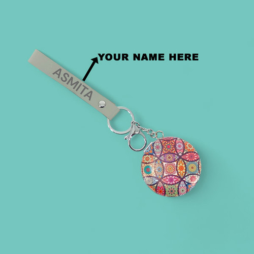Beautiful Double-Sided Mirror with Keyring and Personalized Grey Strap
