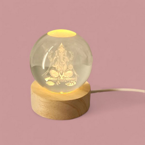 Lord Ganesh Crystal Ball Light with Wooden Base