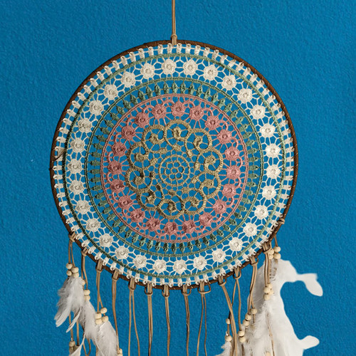 Dreamcatcher with Floral Design and White Feathers- 41 Inches