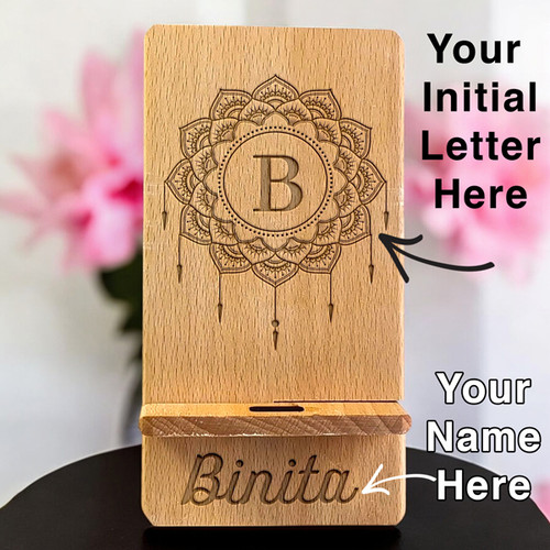 Personalized Floral Mandala: Engraved Wooden Mobile Holder