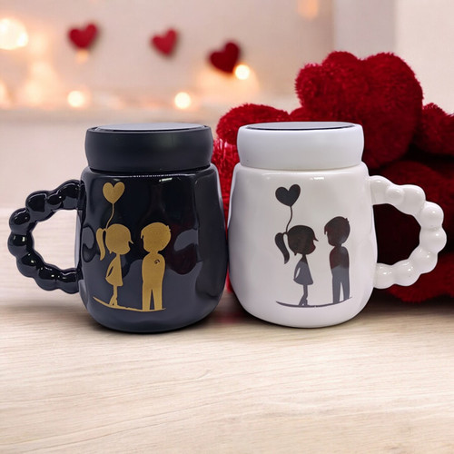 Cute Couple Printed Mugs with Bubble Handles & Crystal Lids
