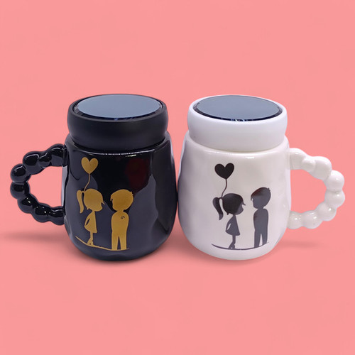 Cute Couple Printed Mugs with Bubble Handles & Crystal Lids