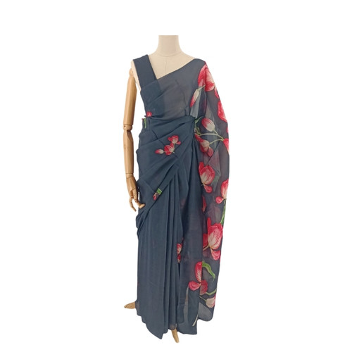 Charming Black Floral Chinon Chiffon Saree