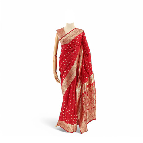 Classic Red Banglori Silk Saree with Floral Patterns & Intricate Zari Work