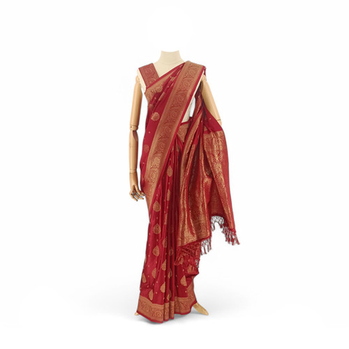 Bright Maroon Banglori Silk Saree with Intricate Golden Floral Detailing