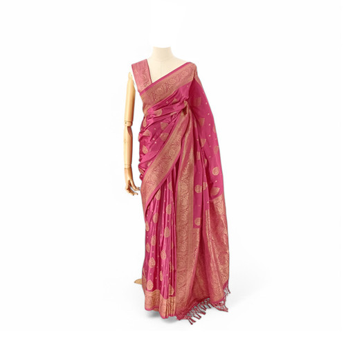 Graceful Rouge Pink Banglori Silk Saree Adorned with Golden Floral Accents
