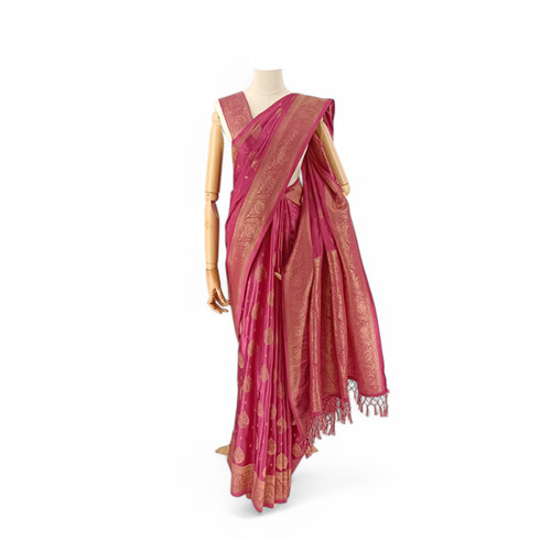 Graceful Rouge Pink Banglori Silk Saree Adorned with Golden Floral Accents