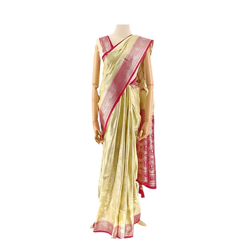 Soft Green Banglori Silk Saree with Elegant Pink Border Detail