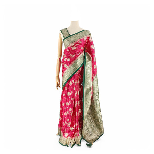 Elegant Rani Pink Banglori Silk Saree with Green Border