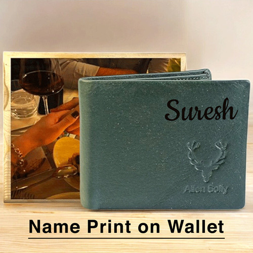 Allen Solly Dark Green Custom Wallet With Personalised Wooden Box