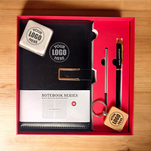 Stylish Corporate Hamper – Notebook & Pen set with Keyring & Paper Weight