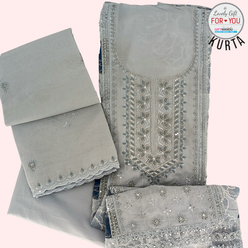 Light Blue Floral Design Cotton Kurtha Set