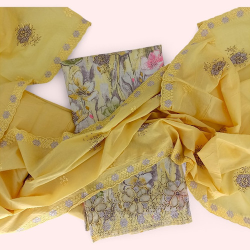 Yellow Color Floral Design Cotton Kurtha Set