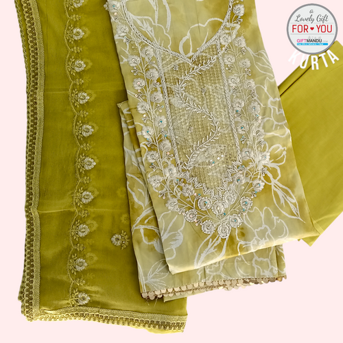 Pear Green Floral Design Cotton Kurtha Set