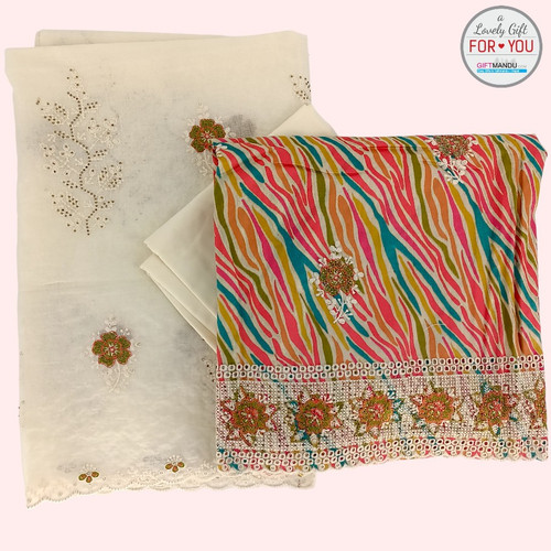 Multicolor Cotton Kurta Set With Suruwal & Dupatta White