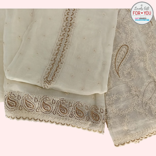 Creamy Bliss: Unstitched Georgette Kurta Set for Effortless Style