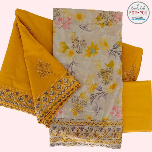 Bright & Beautiful Yellow Cotton Kurta Piece – Unstitched with Floral Zari Accents