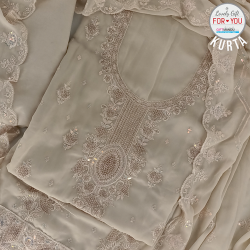 Unstitched Light Grey Soft Georgette Kurta Set with Zari Detailing