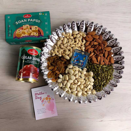 Delightful Dry Nuts & Sweets Gift Tray with Candle & Card