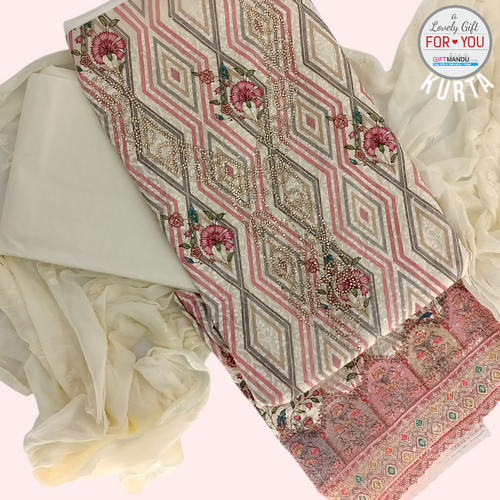 Unstitched Light Yellow Cotton Kurta Set with Multi-Color Geometric Prints