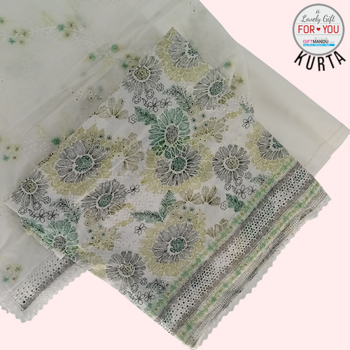 Pure Elegance: Unstitched White Cotton Kurta Set with Green Floral Patterns