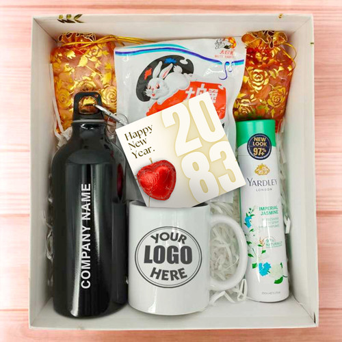 Sophisticated Gifting: Perfume, Logo Mug, and Personalized Bottle Set