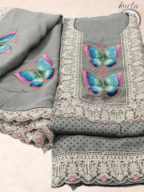 Grey Muslin silk Unstitched Kurta Piece with Dot & Butterfly Design