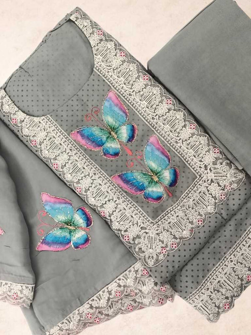 Grey Muslin silk Unstitched Kurta Piece with Dot & Butterfly Design