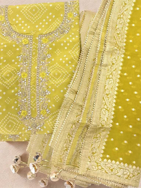 Yellow Muslin Silk Unstitched Kurtha Set with Bandhani Print & Tassel Border Shawl